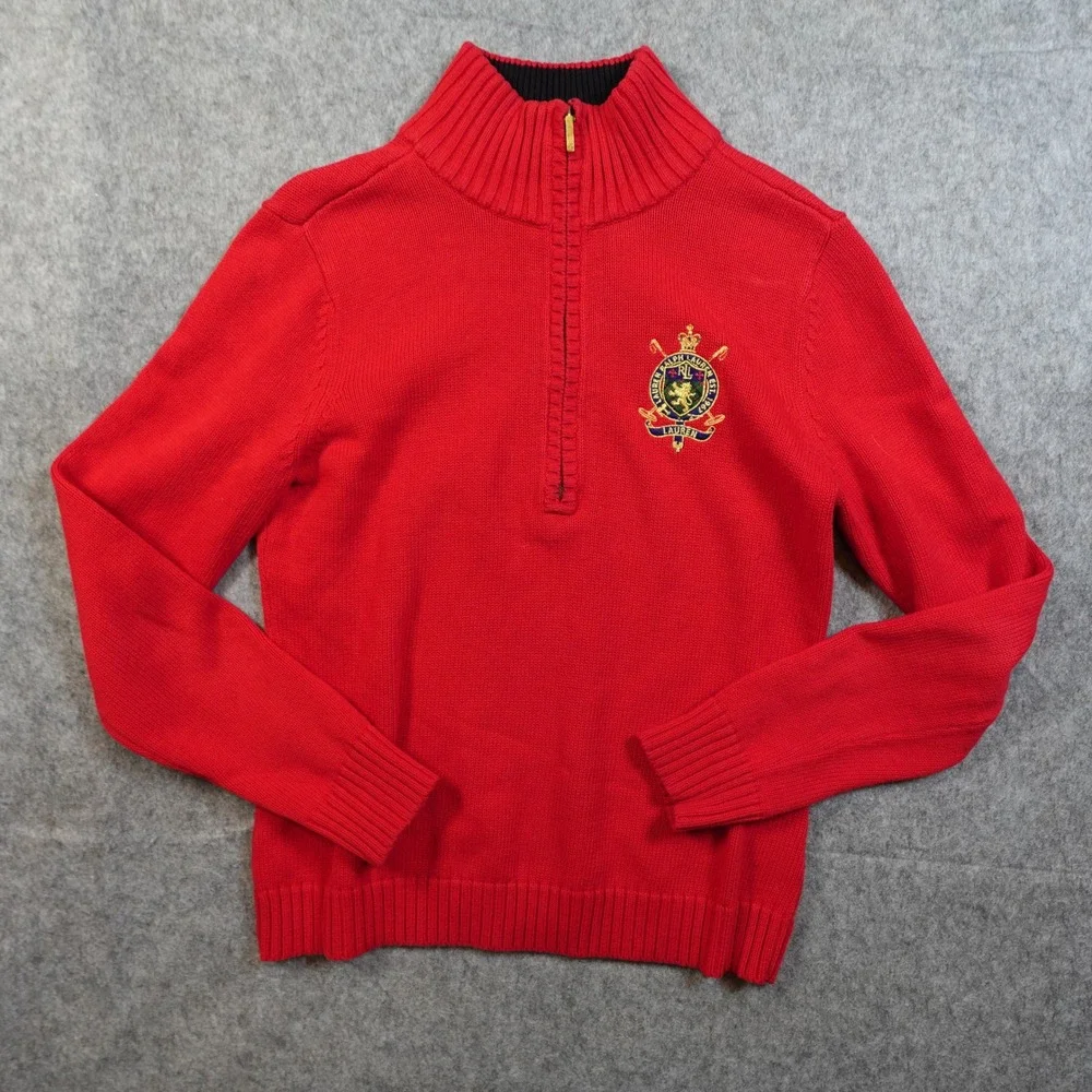 Ralph‎ Lauren Sweater Womens Small Red Crest Shield Red Half Zip Pullover Knit